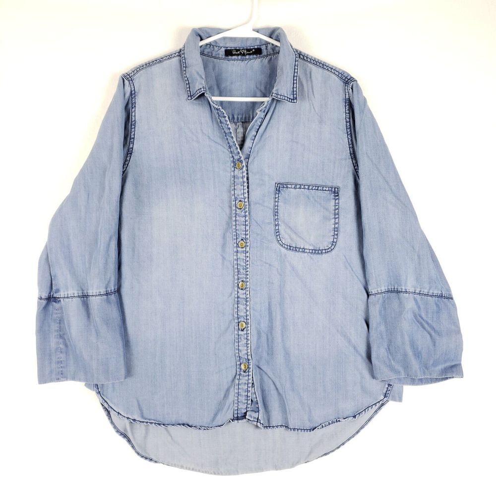 Velvet Heart Shirt Womens Large Blue Tencel Long Sleeve Button Up